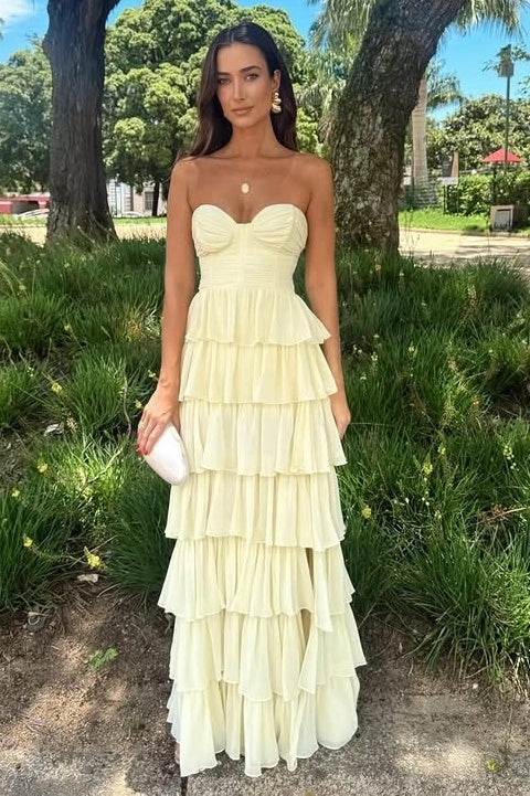 Aimishang Elegant A Line Sweetheart Neck Strapless Sleeveless Layered Long Graduation Dress Chic Wedding Guest Dress