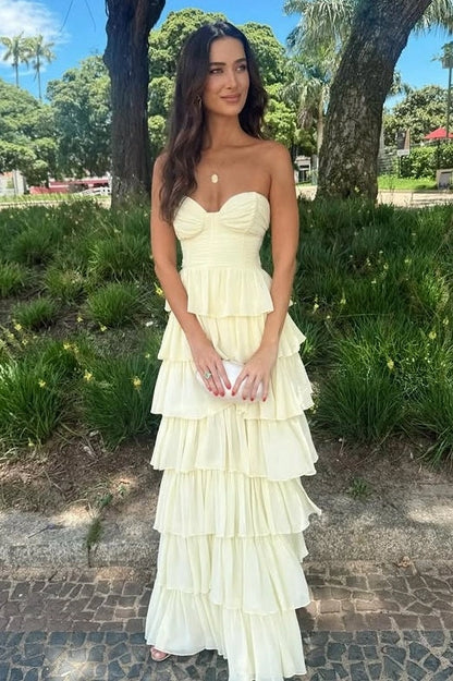 Aimishang Elegant A Line Sweetheart Neck Strapless Sleeveless Layered Long Graduation Dress Chic Wedding Guest Dress