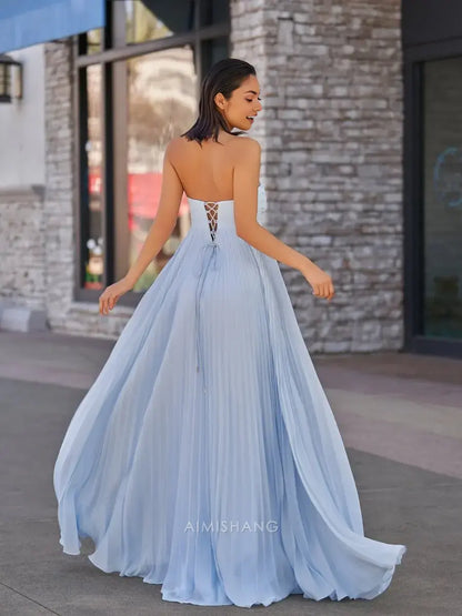Aimishang Elegant A Line Sweetheart Strapless Chiffon Long Formal Prom Dress Charming Evening Gown Sexy Wedding Guest Party Dress