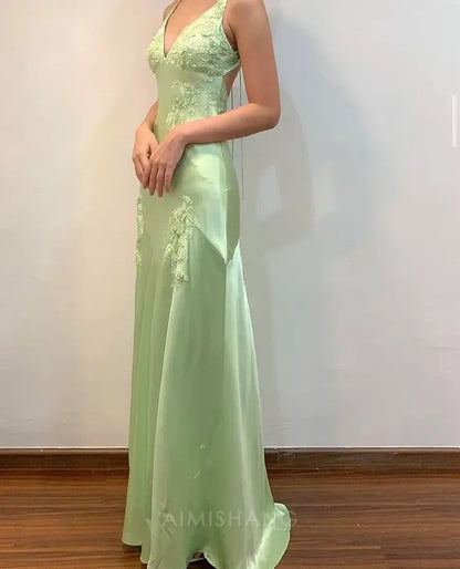 Aimishang Elegant A Line V-neck Evening Gowns Green Satin Long Prom Dresses Chic Formal Party Dress with Appliques