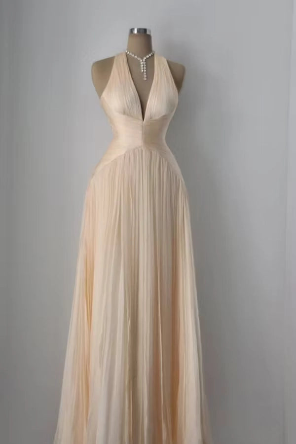 Aimishang Elegant A Line V-neck Sleeveless Pleated Long Formal Prom Dress Fashion Evening Party Dress