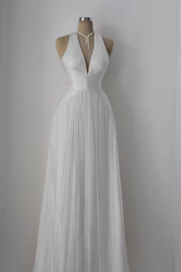 Aimishang Elegant A Line V-neck Sleeveless Pleated Long Formal Prom Dress Fashion Evening Party Dress