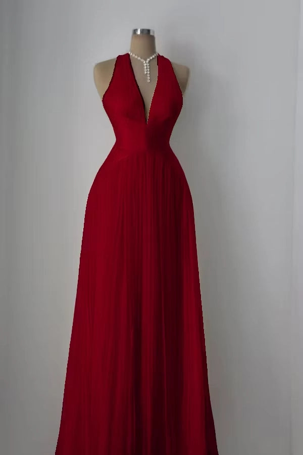 Aimishang Elegant A Line V-neck Sleeveless Pleated Long Formal Prom Dress Fashion Evening Party Dress