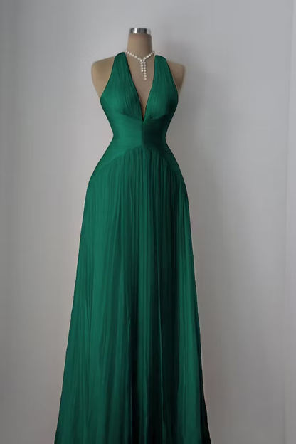 Aimishang Elegant A Line V-neck Sleeveless Pleated Long Formal Prom Dress Fashion Evening Party Dress