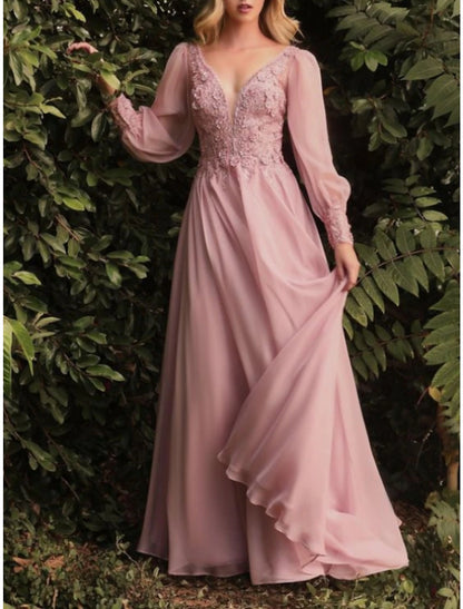 Aimishang Elegant A Line Wedding Guest Dresses Long Sleeve V Neck Bridesmaid Dress Floor Length Prom Dress with Appliques