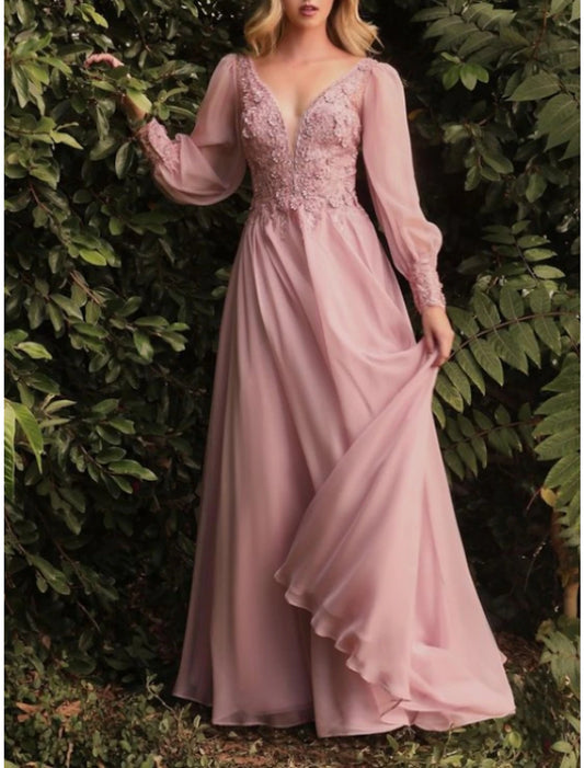 Aimishang Elegant A Line Wedding Guest Dresses Long Sleeve V Neck Bridesmaid Dress Floor Length Prom Dress with Appliques