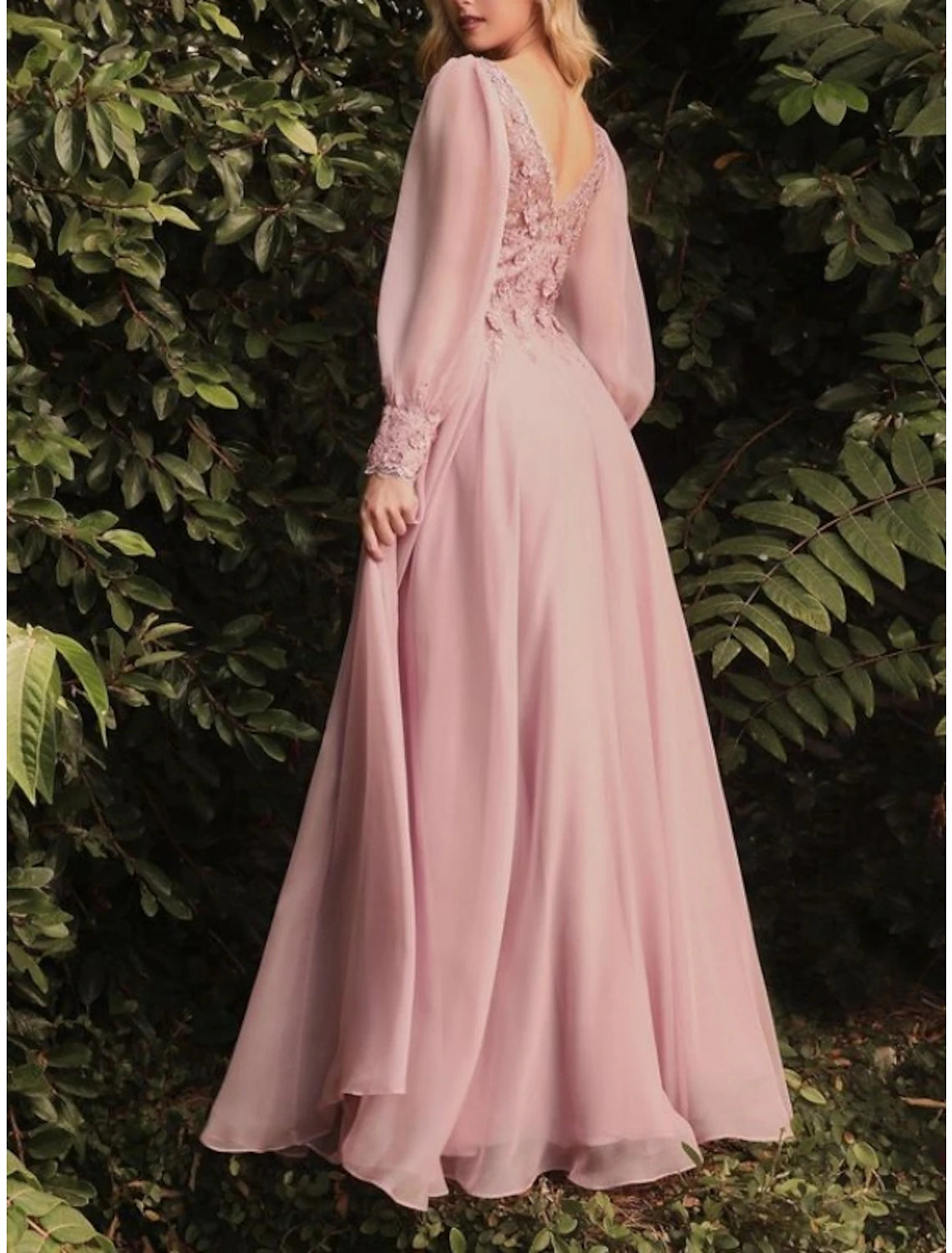 Aimishang Elegant A Line Wedding Guest Dresses Long Sleeve V Neck Bridesmaid Dress Floor Length Prom Dress with Appliques