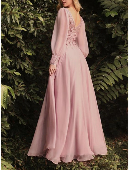 Aimishang Elegant A Line Wedding Guest Dresses Long Sleeve V Neck Bridesmaid Dress Floor Length Prom Dress with Appliques