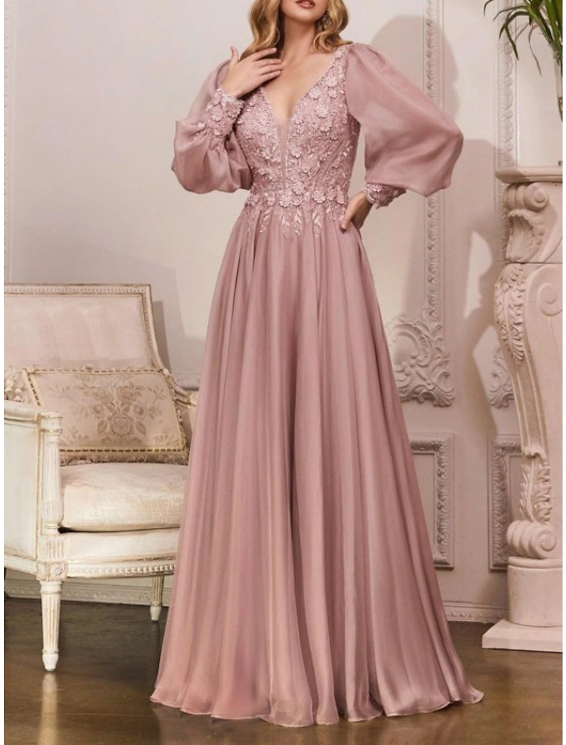 Aimishang Elegant A Line Wedding Guest Dresses Long Sleeve V Neck Bridesmaid Dress Floor Length Prom Dress with Appliques