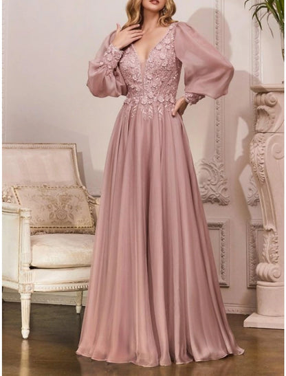 Aimishang Elegant A Line Wedding Guest Dresses Long Sleeve V Neck Bridesmaid Dress Floor Length Prom Dress with Appliques