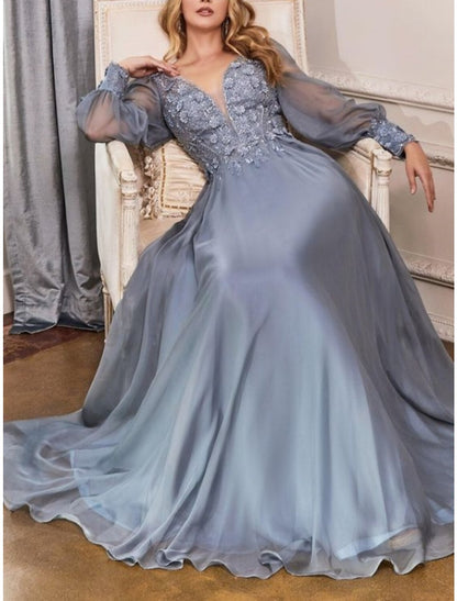 Aimishang Elegant A Line Wedding Guest Dresses Long Sleeve V Neck Bridesmaid Dress Floor Length Prom Dress with Appliques