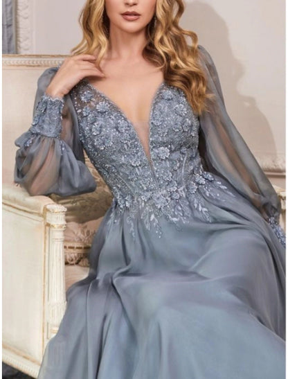 Aimishang Elegant A Line Wedding Guest Dresses Long Sleeve V Neck Bridesmaid Dress Floor Length Prom Dress with Appliques