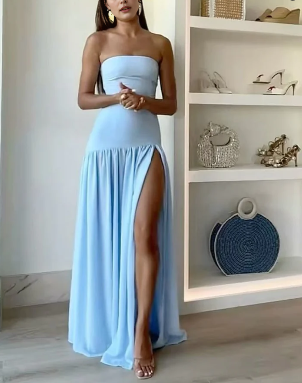 Aimishang Elegant A line Strapless Long Prom Dress With Slit Vacation Beach Dress Simple Evening Party Dress