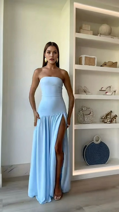 Aimishang Elegant A line Strapless Long Prom Dress With Slit Vacation Beach Dress Simple Evening Party Dress
