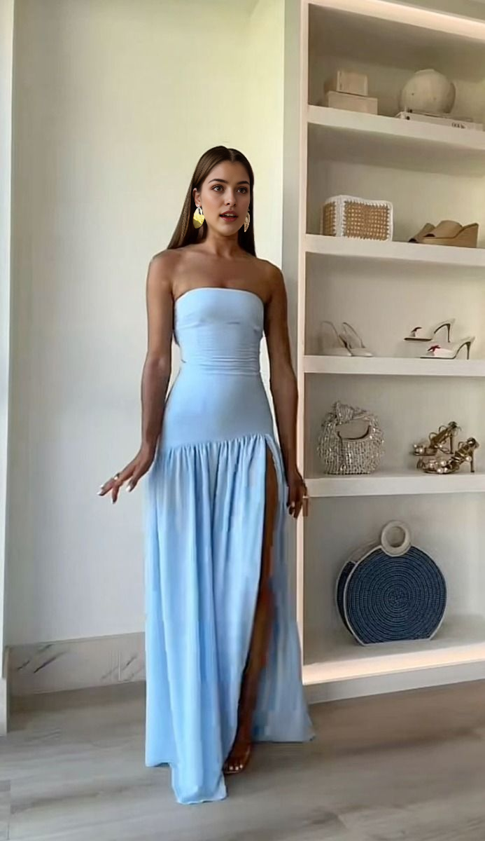 Aimishang Elegant A line Strapless Long Prom Dress With Slit Vacation Beach Dress Simple Evening Party Dress