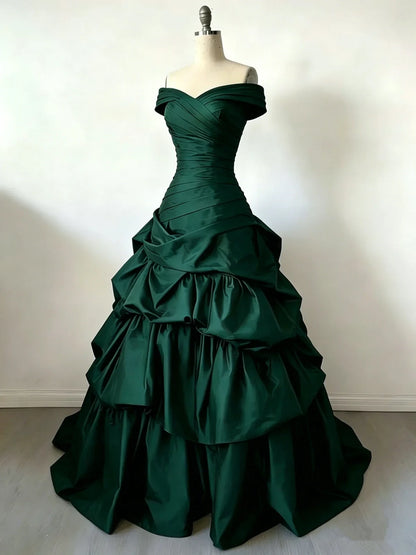 Aimishang Elegant Ball Gown Off-Shoulder Sweetheart Tiered Ruffle Satin Floor-Length Women's Prom Dress