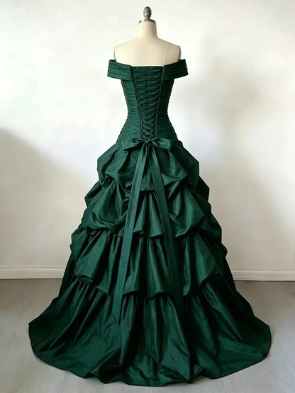 Aimishang Elegant Ball Gown Off-Shoulder Sweetheart Tiered Ruffle Satin Floor-Length Women's Prom Dress