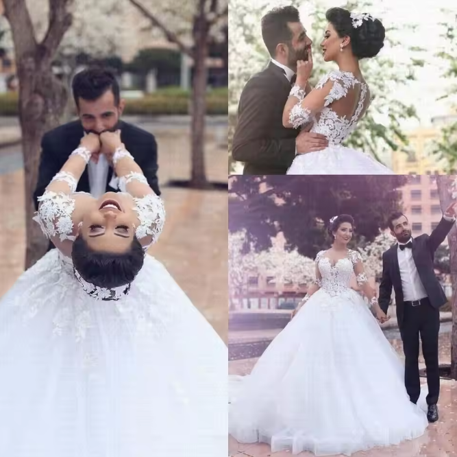Aimishang Elegant Ball Gown Wedding Dress Long Sleeves Lace Bridal Gowns with Appliques