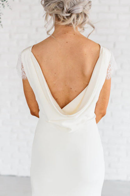 Aimishang Elegant Bateau Neck Lace Cap Sleeve Sheath Long Wedding Dresses With Cowl Back