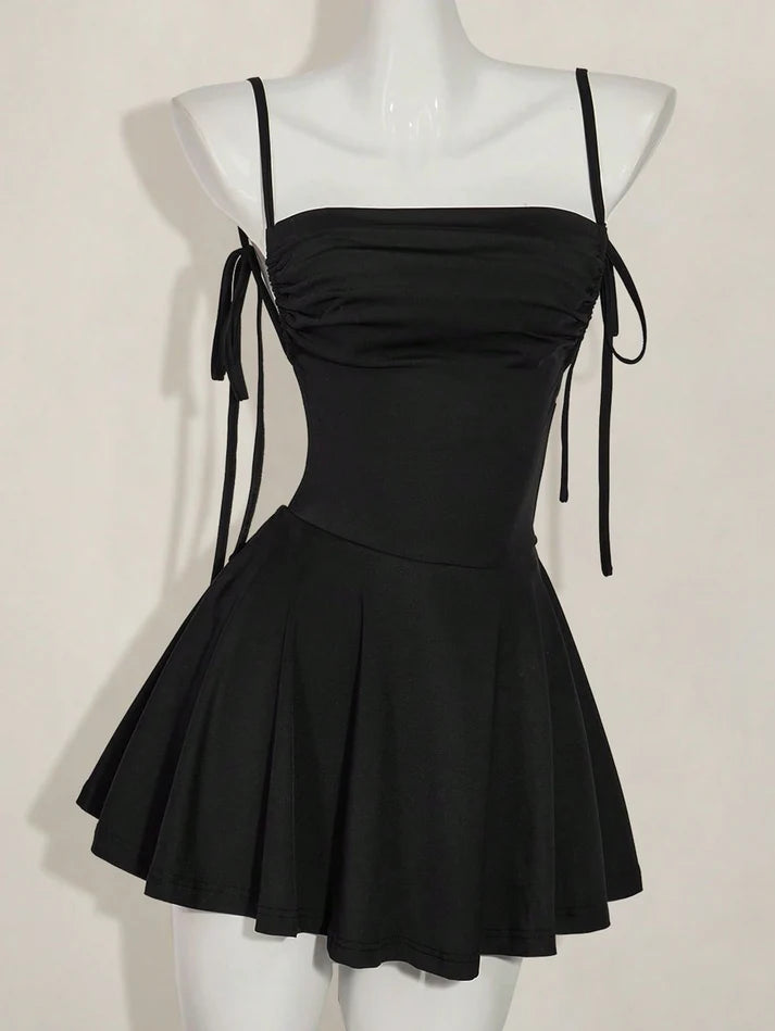 Aimishang Elegant Black A Line Spaghetti Straps Sleeveless Backless Short Summer Birthday Party Dress Simple Mini Graduation Homecoming Dress