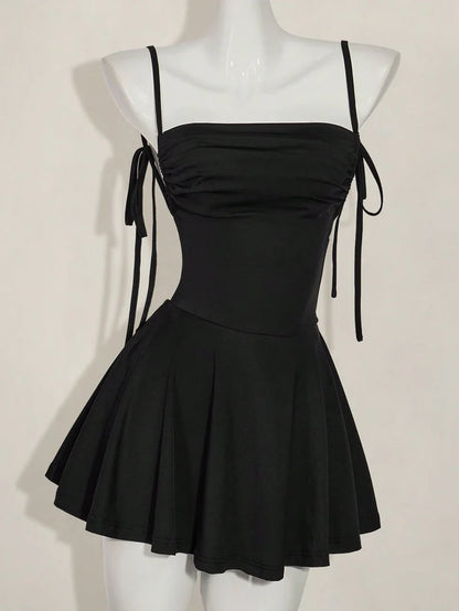 Aimishang Elegant Black A Line Spaghetti Straps Sleeveless Backless Short Summer Birthday Party Dress Simple Mini Graduation Homecoming Dress