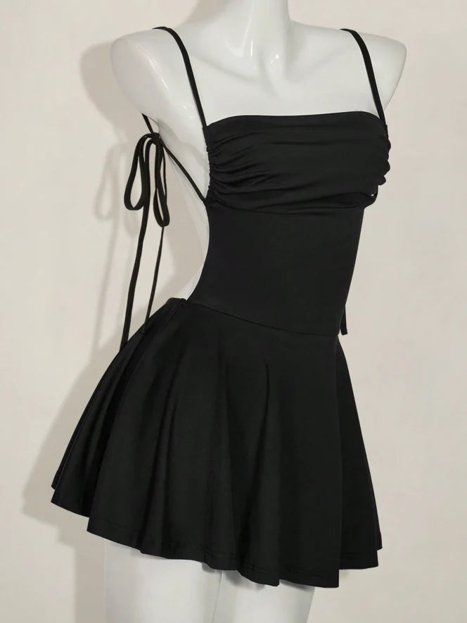 Aimishang Elegant Black A Line Spaghetti Straps Sleeveless Backless Short Summer Birthday Party Dress Simple Mini Graduation Homecoming Dress