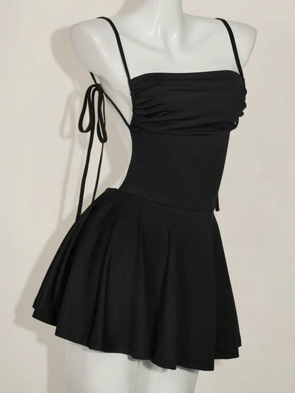 Aimishang Elegant Black A Line Spaghetti Straps Sleeveless Backless Short Summer Birthday Party Dress Simple Mini Graduation Homecoming Dress