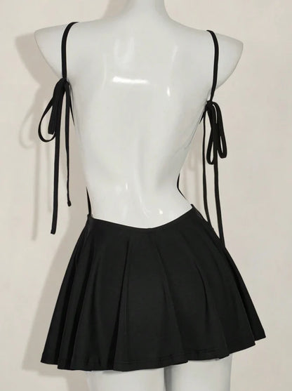 Aimishang Elegant Black A Line Spaghetti Straps Sleeveless Backless Short Summer Birthday Party Dress Simple Mini Graduation Homecoming Dress