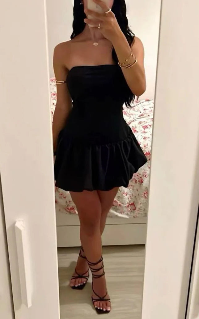Aimishang Elegant Black A Line Strapless Sleeveless Short Summer Birthday Party Dress Simple Mini Graduation Homecoming Dress