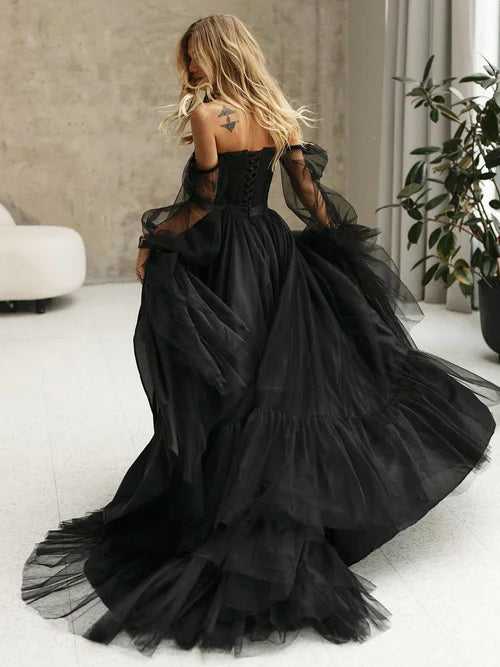 Aimishang Elegant Black Corset A-Line Long Sleeves Wedding Dresses With Off-The-Shoulder Bridal Gown