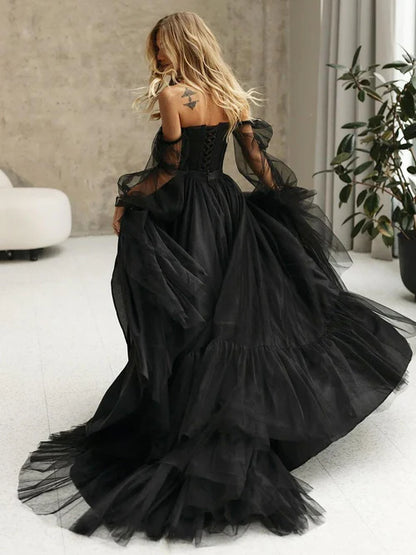 Aimishang Elegant Black Corset A-Line Long Sleeves Wedding Dresses With Off-The-Shoulder Bridal Gown