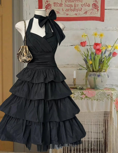 Aimishang Elegant Black Halter A Line Layered Sleeveless Homecoming Dress Lovely Graduation Party Dress