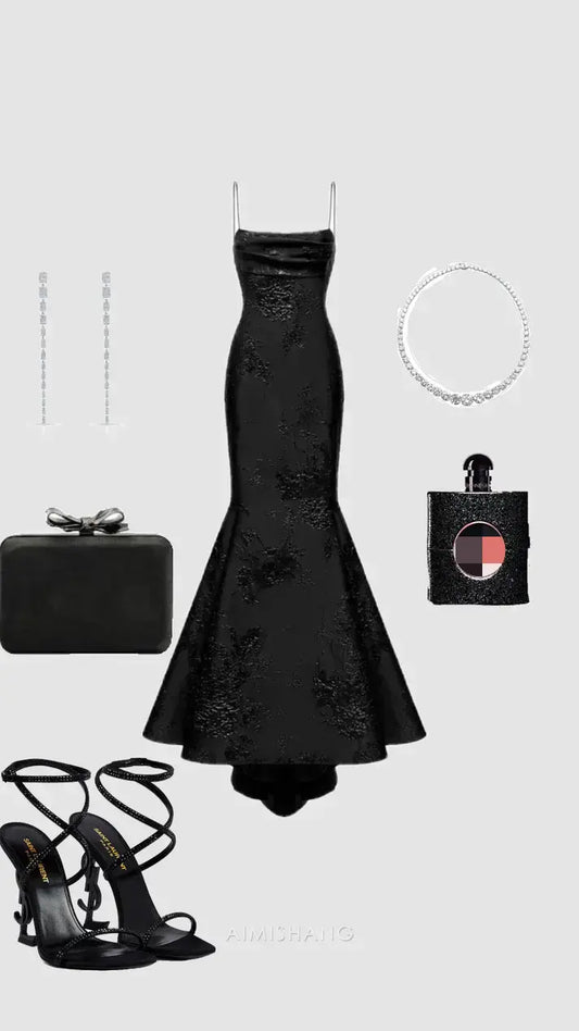 Aimishang Elegant Black Mermaid Spaghetti Straps Sleeveless Evening Party Gown Chic Long Formal Prom Dress Charming Wedding Guest Dress