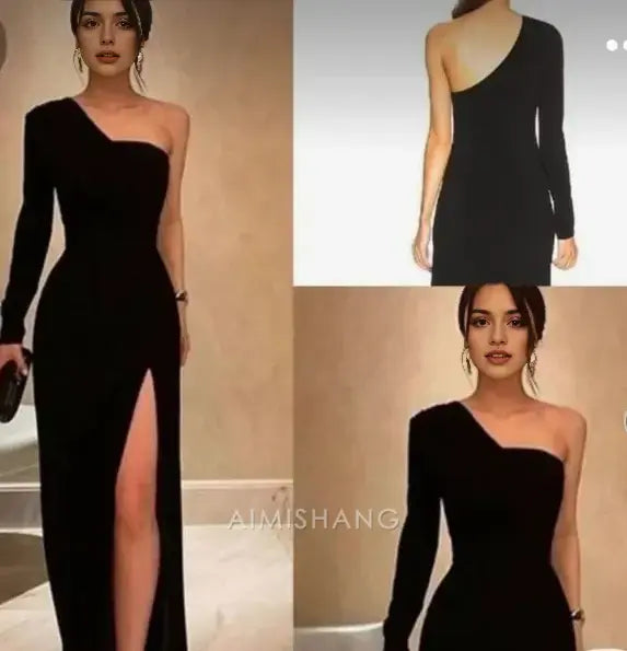 Aimishang Elegant Black One Shoulder Long Sleeve Prom Dress With Slit Classy Party Evening Gowns Simple Formal Dress
