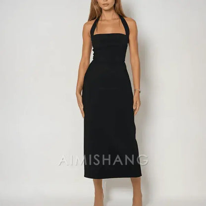 Aimishang Elegant Black Sheath Halter Sleeveless Prom Dress Simple Evening Party Dress Fashion Formal Dress
