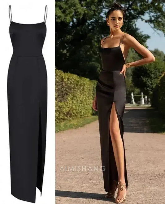 Aimishang Elegant Black Spaghetti Straps Prom Dress With Slit Classy Party Evening Gowns Simple Formal Dress