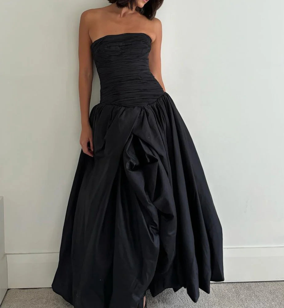 Elegant Black Strapless A-Line Long Prom Dress Charming Evening Dress Cute Formal Dress