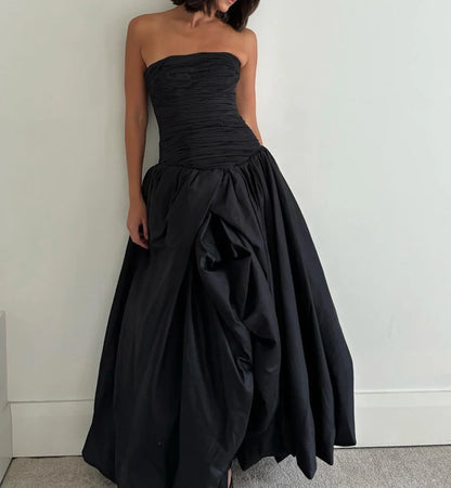 Elegant Black Strapless A-Line Long Prom Dress Charming Evening Dress Cute Formal Dress