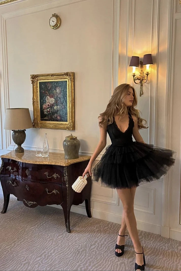 Aimishang Elegant Black Tulle A Line Sleeveless Short Birthday Party Dress Classy Graduation Homecoming Dress
