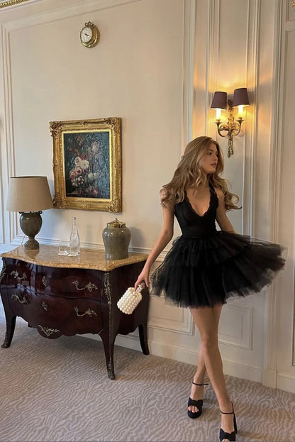Aimishang Elegant Black Tulle A Line Sleeveless Short Birthday Party Dress Classy Graduation Homecoming Dress