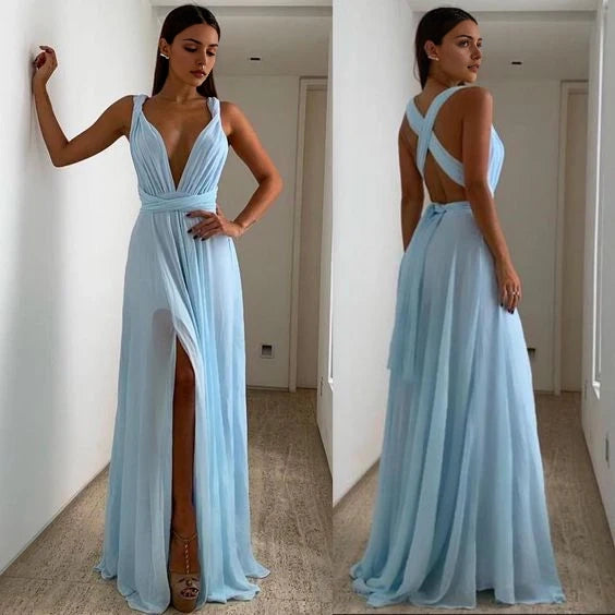 Aimishang Elegant Blue A-Line V-neck Sleeveless Chiffon Long Formal Prom Dress Charming Wedding Guest Party Dress With Slit
