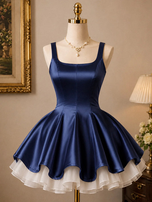 Aimishang Elegant Blue A-line Satin Tulle Sleeveless Short Summer Party Prom Dress Classy Birthday Homecoming Dress