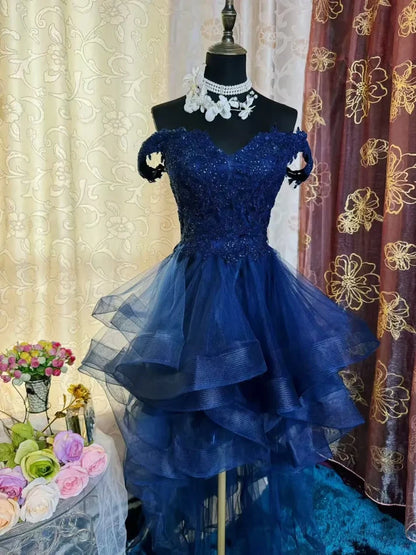 Aimishang Elegant Blue A Line Off The Shoulder Formal Prom Dress Classy Cocktail Homecoming Dress with Appliques