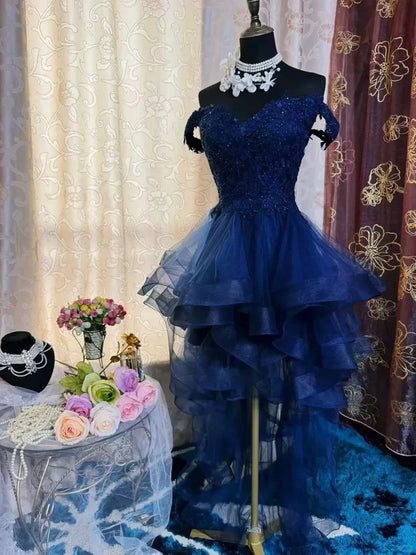 Aimishang Elegant Blue A Line Off The Shoulder Formal Prom Dress Classy Cocktail Homecoming Dress with Appliques