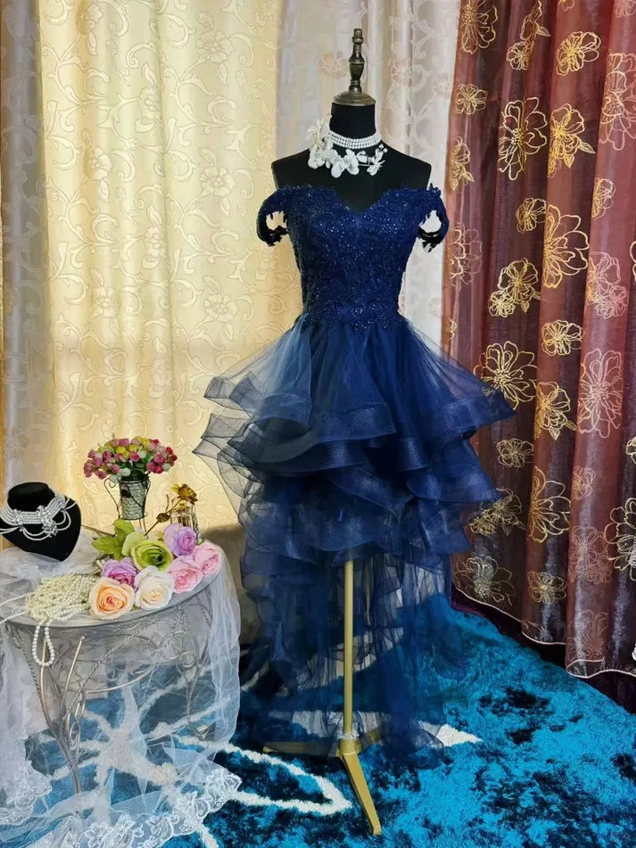 Aimishang Elegant Blue A Line Off The Shoulder Formal Prom Dress Classy Cocktail Homecoming Dress with Appliques