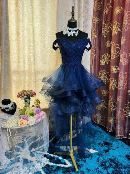 Aimishang Elegant Blue A Line Off The Shoulder Formal Prom Dress Classy Cocktail Homecoming Dress with Appliques