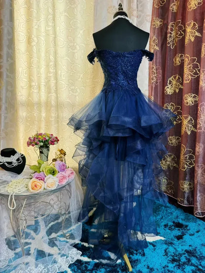 Aimishang Elegant Blue A Line Off The Shoulder Formal Prom Dress Classy Cocktail Homecoming Dress with Appliques