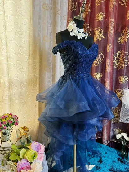Aimishang Elegant Blue A Line Off The Shoulder Formal Prom Dress Classy Cocktail Homecoming Dress with Appliques