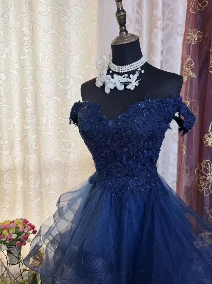 Aimishang Elegant Blue A Line Off The Shoulder Formal Prom Dress Classy Cocktail Homecoming Dress with Appliques