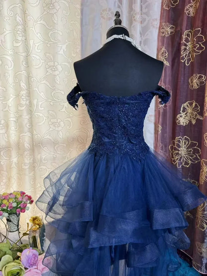 Aimishang Elegant Blue A Line Off The Shoulder Formal Prom Dress Classy Cocktail Homecoming Dress with Appliques